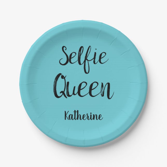 Prato De Papel Selfie Queen Name Personalised Turquoise Teal Blue (Frente)