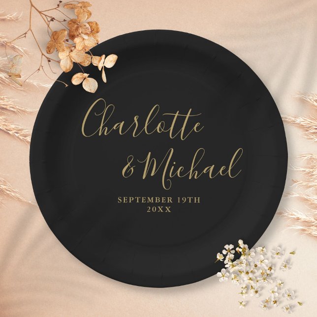 Prato De Papel Senha De Assinatura Elegante Casamento Preto E Dou (Elegant Signature Script Black And Gold Wedding Paper Plates)