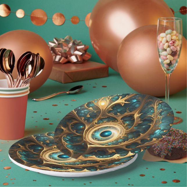 Prato De Papel Sentido De Arte Fractal Dourada E Teal, (Múltiplo)