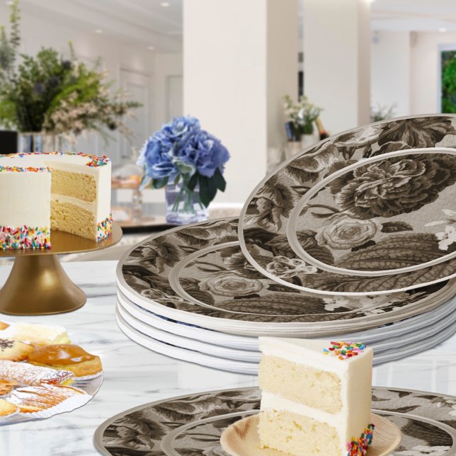 Prato De Papel Sepia Tone Brown Floral Toile No.1 (Criador carregado)