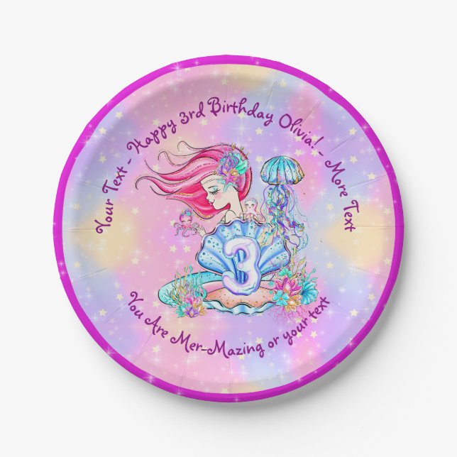 Prato De Papel Sereia aniversário de 3 anos Change Edit Text Pers (Frente)