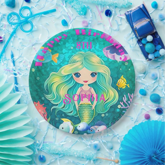 Prato De Papel Sereia Colorida, Feliz Festa de Aniversário (Festa)