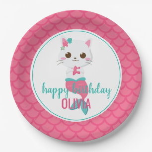 Prato De Papel Sereia Gatinha Rosa aniversário da Purrmaid Mermai