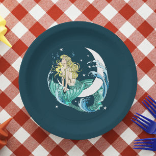 Prato De Papel Sereia Loira Lua Crescente Fantasia Art Déco