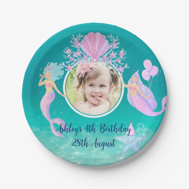 Prato De Papel Sereia sob a festa de aquarela oceânica com crianç (Frente)