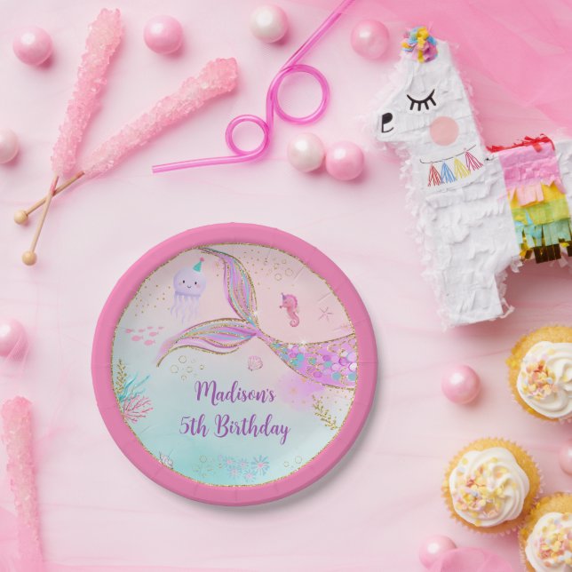 Prato De Papel Sereia Sob O Mar Púrpura Rosa, Aniversário (Festa)