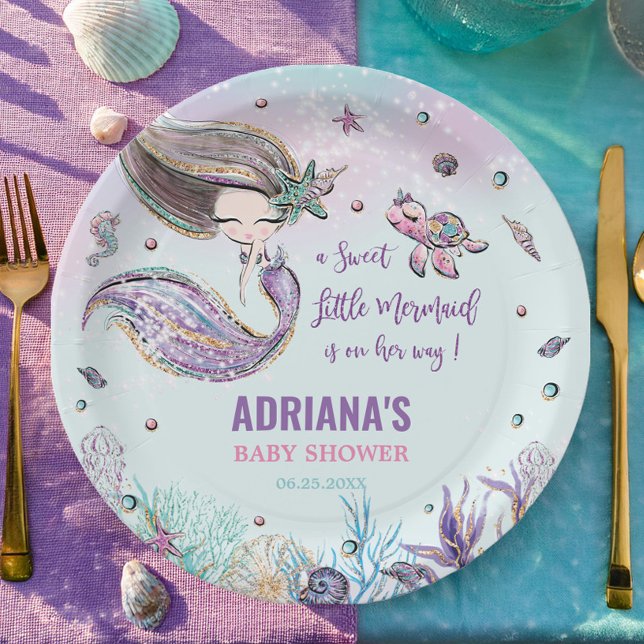 Prato De Papel Sereia Whimsical embaixo do Chá de fraldas de Garo (chic cute little mermaid under the sea turtle coral shells turquoise baby shower round paper plates)