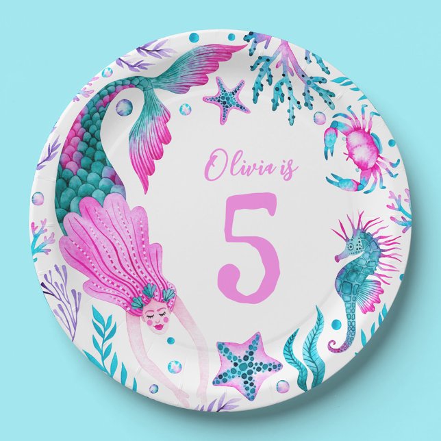 Prato De Papel Sereias Aquáticas, Conchas Marítimas + Criaturas O (Watercolor Mermaids, Sea Shells + Ocean Creatures Paper Plates)