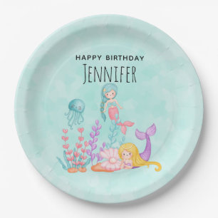 Prato De Papel Sereias e medusas sob a aquarela marítima