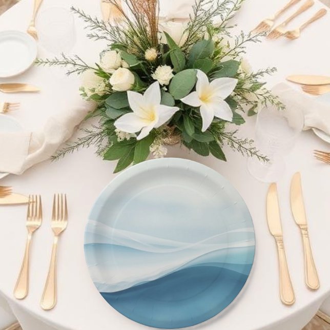 Prato De Papel Serene Blue Abstract Wedding (Serene Blue Abstract Wedding Paper Plates)