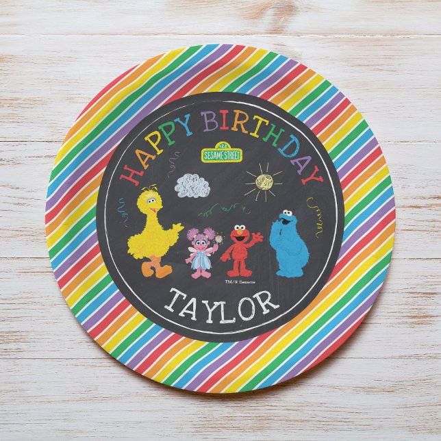Prato De Papel Sesame Street Pals Chalkboard Rainbow Aniversário (Criador carregado)