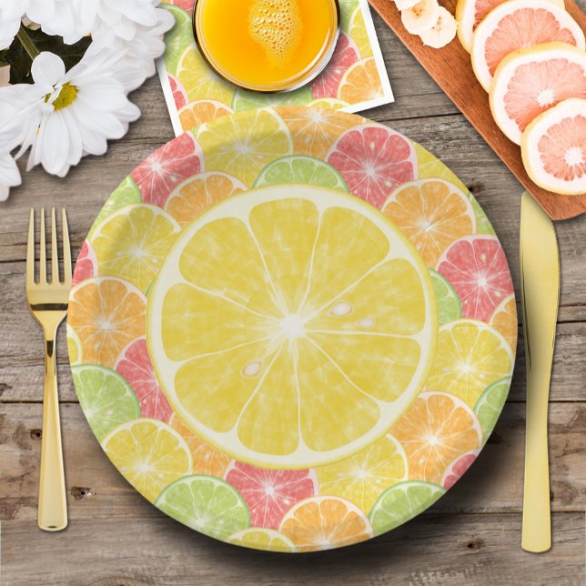Prato De Papel Setas de Limão Citrus (Lemon Citrus Slices Paper Plates, fun for breakfast, brunch, dessert, 2 sizes)