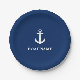 Prato De Papel Seu Marinho de Âncora do Nome do Barco Azul 7"
