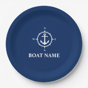 Prato De Papel Seu nome de barco Compacte o Marinho azul 9"