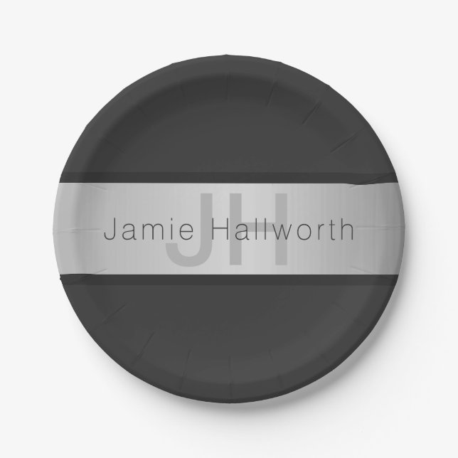 Prato De Papel Seu nome e monograma | Vista de prata cinzenta e f (Frente)