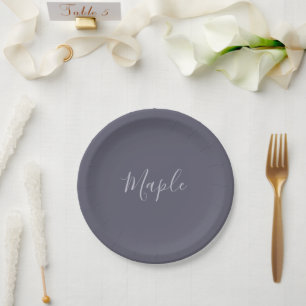 Prato De Papel Seu Nome Script Lavanda Elegante em Roxo Turvo