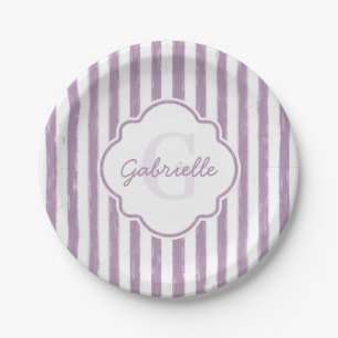 Prato De Papel Shabby Purple Stripes Monograma e Nome