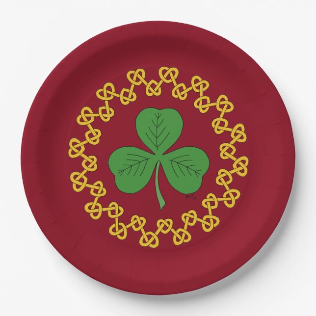 Prato De Papel Shamrock and Knotwork on Red (Frente)