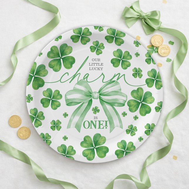 Prato De Papel Shamrock Green Bow Lucky Charm 1st Birthday (Shamrock Green Bow Lucky Charm 1st Birthday Paper Plates)