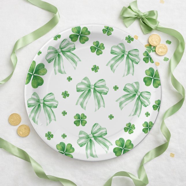 Prato De Papel Shamrock Verde Laço St. Patricks Day  (Shamrock Green Bow St. Patricks Day Paper Plates)