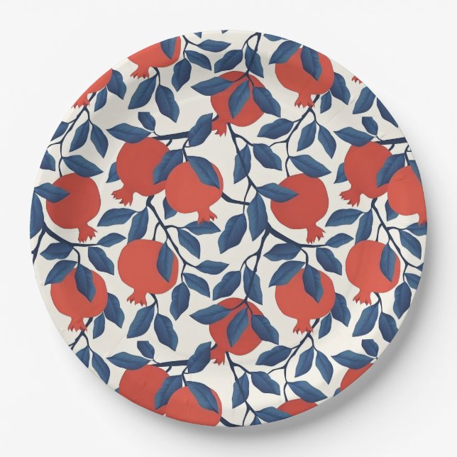 Prato De Papel Shana Tova Design Botânico de Romã | Elegante (Frente)