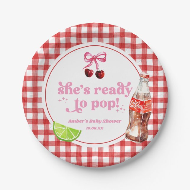 Prato De Papel She's Ready To Pop! Cherry Soda Pop Baby Shower (Frente)