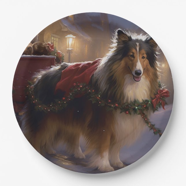 Prato De Papel Shetland Sheepdog Christmas Fesason Season (Frente)