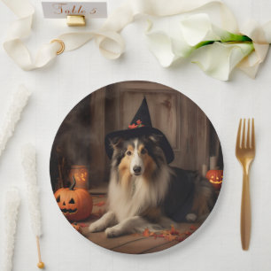 Prato De Papel Shetland Sheepdog Pumpkins Halloween Assustado