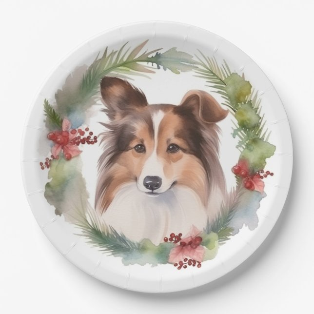 Prato De Papel Shetland Sheepdog Wreath Festivo Pup (Frente)