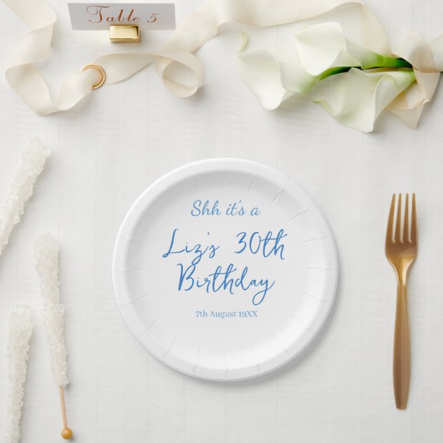 Prato De Papel shh é um aniversário de 30 anos nome data azul sim (Casamento)