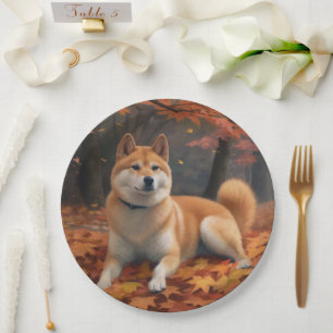 Prato De Papel Shib Inu no outono deixa cair inspiração