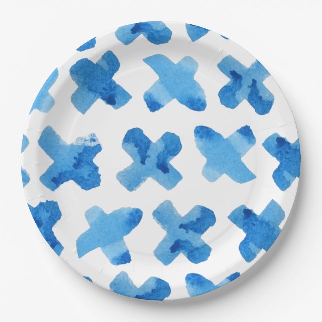 Prato De Papel Shibori azul japanês com cruz azul (Frente)