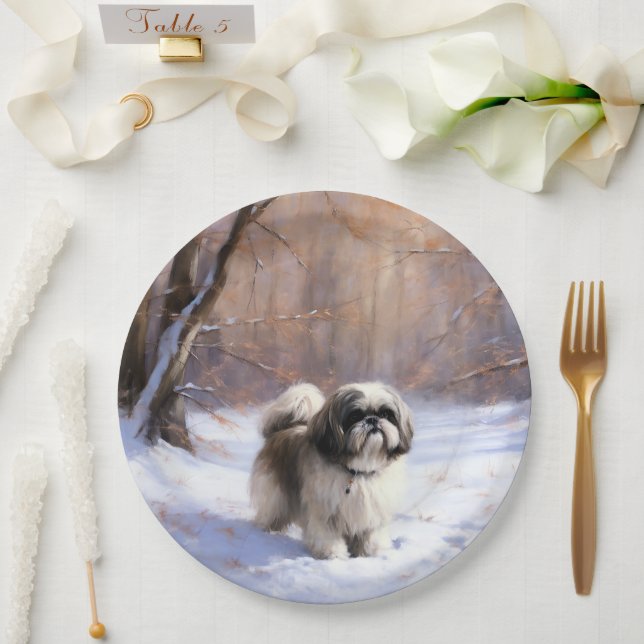 Prato De Papel Shih Tzu Deixe-O Neve Natal (Casamento)