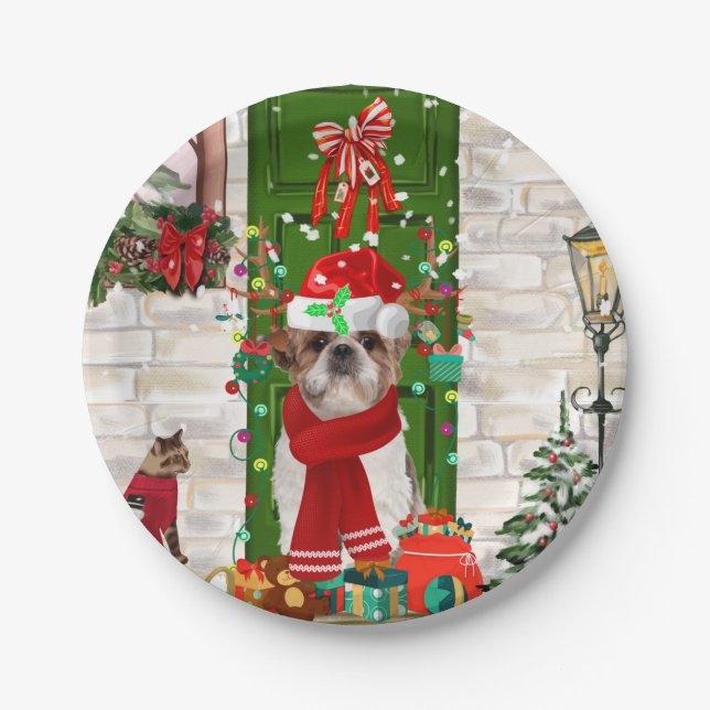 Prato De Papel Shih Tzu Dog Natal (Frente)