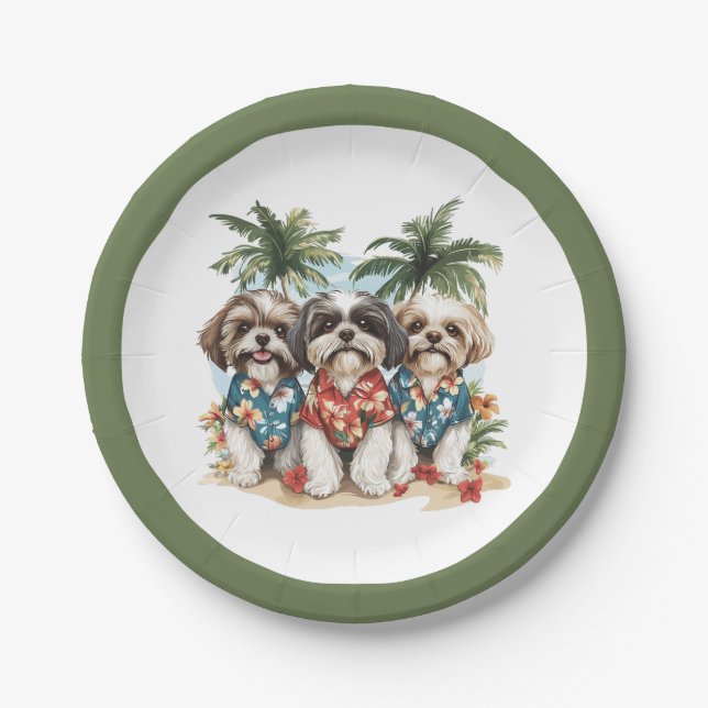 Prato De Papel Shih Tzu Dogs Vestindo camisas havaianas (Frente)