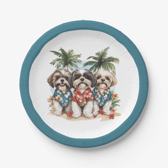 Prato De Papel Shih Tzu Dogs Vestindo camisas havaianas (Frente)