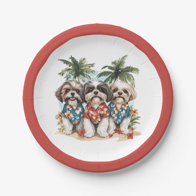 Prato De Papel Shih Tzu Dogs Vestindo camisas havaianas (Frente)