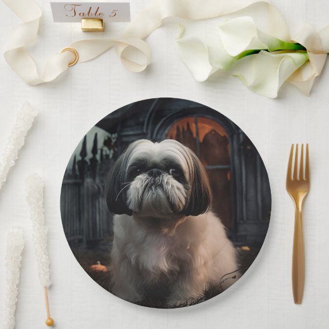 Prato De Papel Shih Tzu Halloween Scary (Casamento)