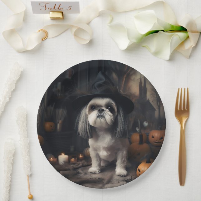 Prato De Papel Shih Tzu Pumpkins Halloween Scary (Casamento)
