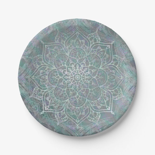 Prato De Papel Shimmer Iridescente Mandala Boho Chic (Frente)