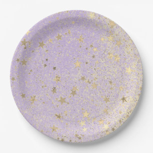 Prato De Papel Shimmery Glittery Douradas Stars on Lavanda