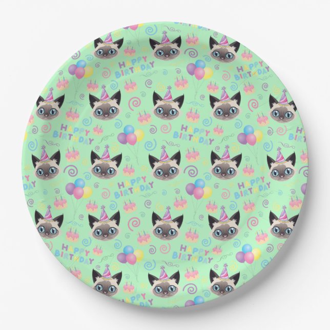 Prato De Papel Siamese Cat Birthday Party Paper Plates Green (Frente)