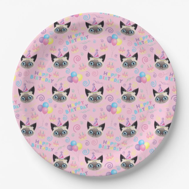 Prato De Papel Siamese Cat Birthday Party Paper Plates Pink (Frente)