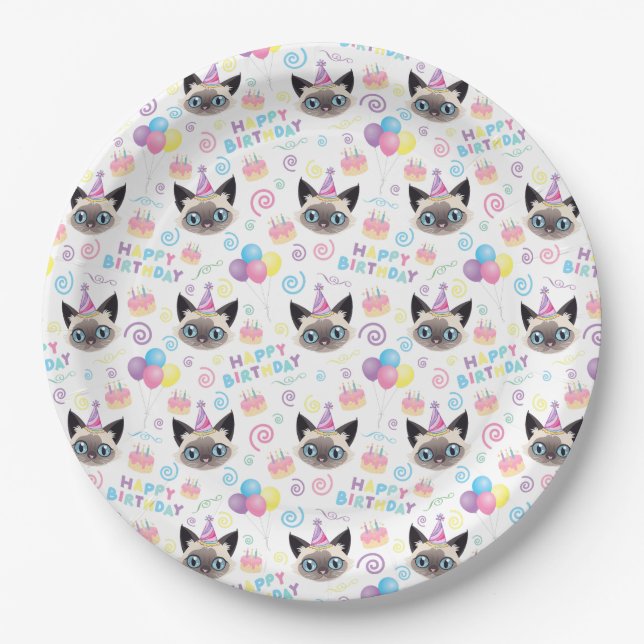 Prato De Papel Siamese Cat Birthday Party Paper Plates White (Frente)