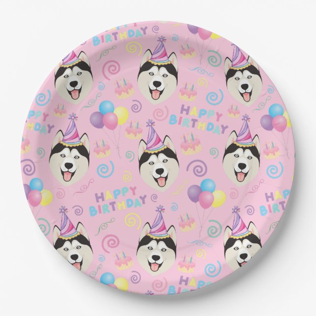 Prato De Papel Siberian Husky Birthday Party Paper Plates Pink (Frente)