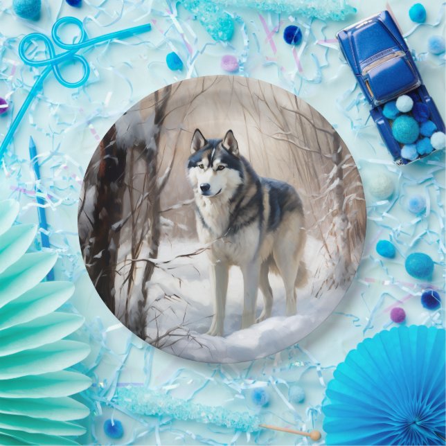 Prato De Papel Siberian Husky Deixe-o nevar no Natal