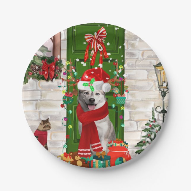 Prato De Papel Siberian Husky Dog Christmas (Frente)