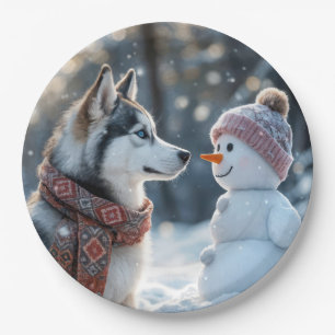 Prato De Papel Siberian Husky Olhando para um boneco de neve