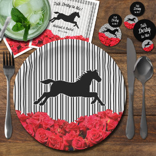 Prato De Papel Silhueta de Cavalo Rosas Vermelhas Listras Pretas 