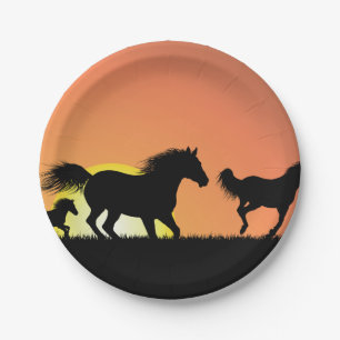 Prato De Papel Silhueta do pôr do sol de Cavalos Selvagens